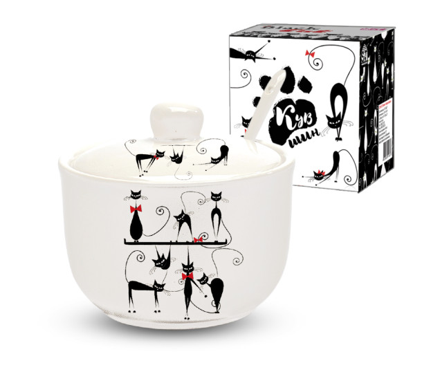 2242-12 Цукорниця з ложкою 450мл "Чорна кішка" (d-11см, h-7,5см) - фото
