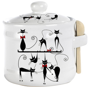 2370-12 Банка для меду з дерев'яною ложкою "Чорна кішка" (h-8,5см, d-10см, об-м-420мл) - фото