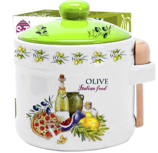 2370-13 Банка для меду з дерев'яною ложкою "Італійські страви" (h-8,5см, d-10см, об-м-420мл) - фото