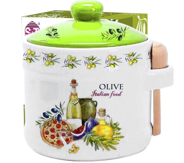 2370-13 Банка для меду з дерев'яною ложкою "Італійські страви" (h-8,5см, d-10см, об-м-420мл) - фото