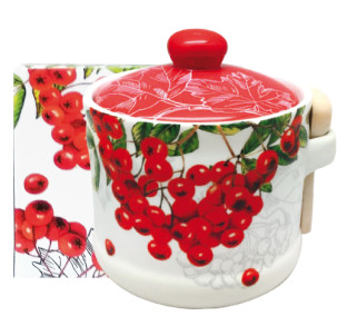 2370-14 Банка для меду з дерев'яною ложкою "Калина червона" (h-8,5см, d-10см, об-м-420мл) - фото