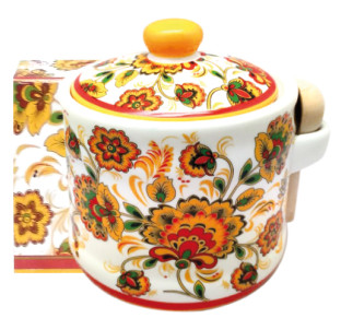 2370-16 Банка для меду з дерев'яною ложкою "Квітковий розпис" (h-8,5см, d-10см, об-м-420мл) - фото