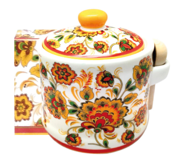 2370-16 Банка для меду з дерев'яною ложкою "Квітковий розпис" (h-8,5см, d-10см, об-м-420мл) - фото