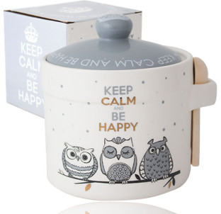 2370-18 Банка для меду з дерев'яною ложкою "Совушки" (h-8,5см, d-10см, об-м-420мл) - фото