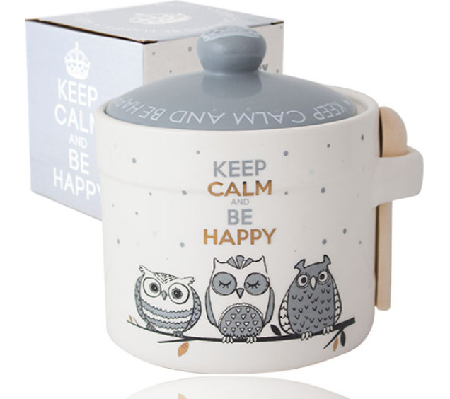 2370-18 Банка для меду з дерев'яною ложкою "Совушки" (h-8,5см, d-10см, об-м-420мл) - фото