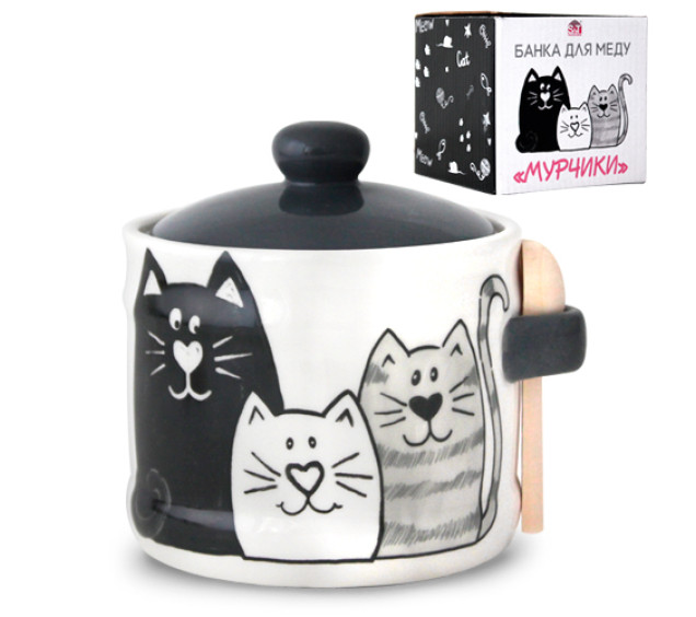 2370-19 Банка для меду з дерев'яною ложкою "Мурчики" (h-8,5см, d-10см, об-м-420мл) - фото