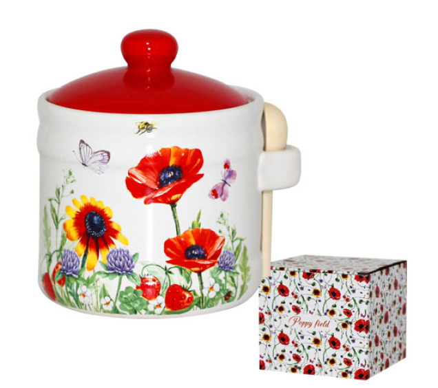 2370-5 Банка для меду з дерев'яною ложкою "Польовий мак" (h-8см, d-10см, об-м-500мл) - фото