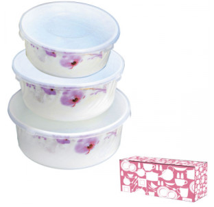 30053 Набір салатників з кришкою 3шт(7,5', 6,5' ,5,5') Рожева орхідея 61099 - фото