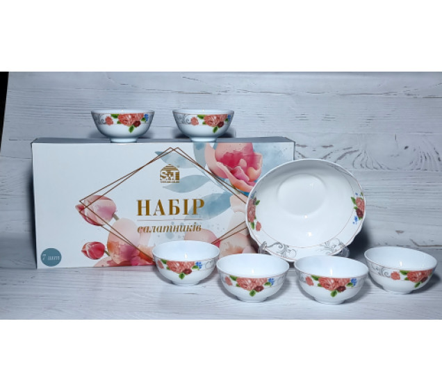 30056-1306 Набір салатників 7 шт(1 шт-8 ' - 800мл, 6 шт-4,5' - 260)  "Рожева симфонія" - фото