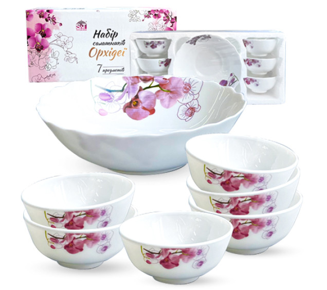 30056-15022 Набір салатників 7шт (1шт-8 ', 6шт-4,5') "Орхідеї" - фото
