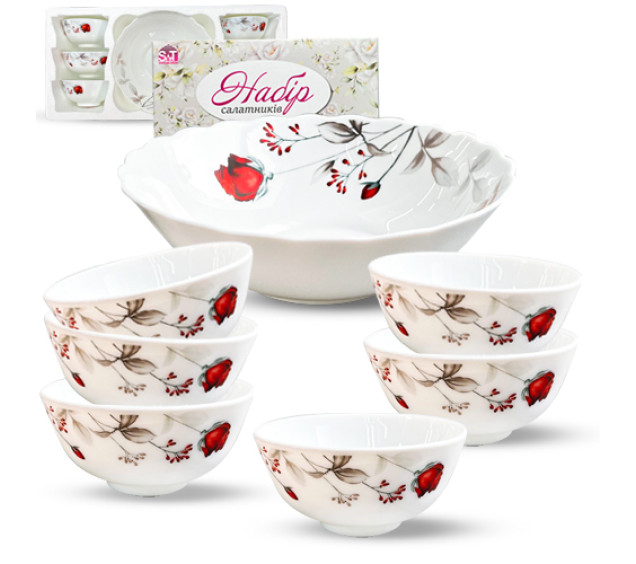 30056-202303 Набір салатників 7шт (1шт-8', 6шт-4,5') "Червона троянда" - фото