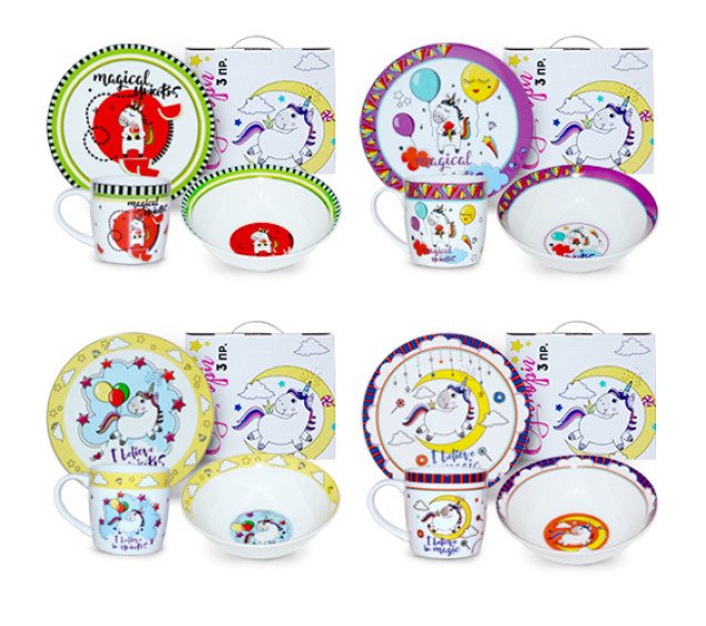 5144 Набір дитячий 3пр. Єдиноріг мікс (тарілка-19см, миска 380мл, чашка-250мл) - фото