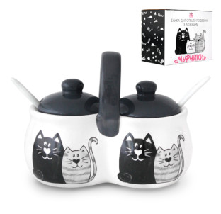 6023-19 Банка для спецій подвійна з 2 ложками "Мурчики" (16х9,5х11,5см; 2х300мл) - фото