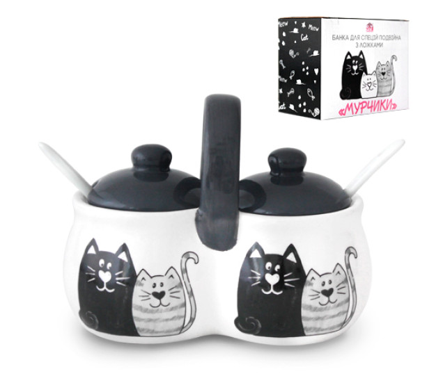 6023-19 Банка для спецій подвійна з 2 ложками "Мурчики" (16х9,5х11,5см; 2х300мл) - фото