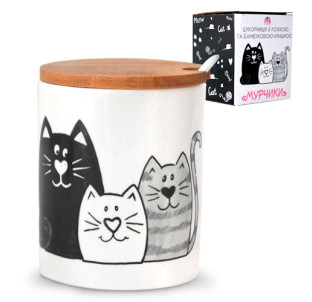 6024-19 Цукорниця з ложкою та бамбуковою кришкою "Мурчики" (d-10см, h-8см, 330мл) - фото