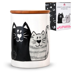 6028-19 Ємність для сипучих продуктів з бамбуковою кришкою 850мл "Мурчики" - фото