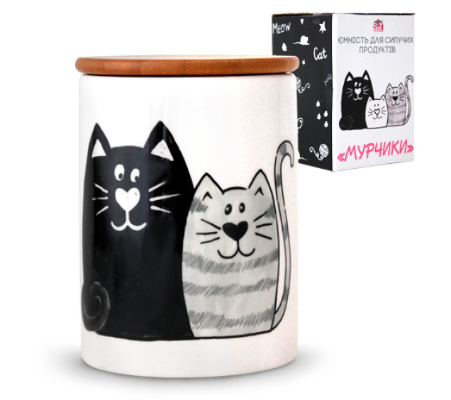 6028-19 Ємність для сипучих продуктів з бамбуковою кришкою 850мл "Мурчики" - фото