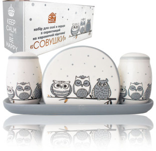 6912-18 Набір для солі і перцю з салф. на керам. підставці "Совушки" (22х7х8,5см) - фото