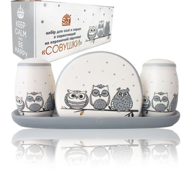 6912-18 Набір для солі і перцю з салф. на керам. підставці "Совушки" (22х7х8,5см) - фото