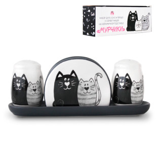 6912-19 Набір для солі і перцю з салф. на керам. підставці "Мурчики" (22,5х7х8см) - фото