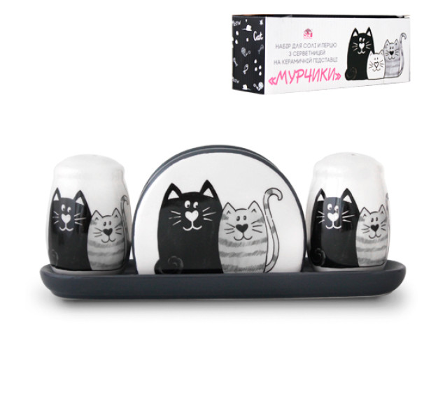 6912-19 Набір для солі і перцю з салф. на керам. підставці "Мурчики" (22,5х7х8см) - фото