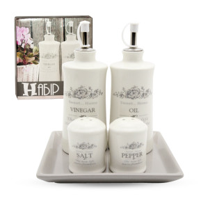 700-06-11 (16) Набір 5пр. 2 пляшки для олії/оцту набір для солі і перцю на керам.підставці"Розарій" - фото