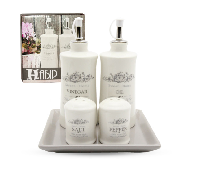 700-06-11 (16) Набір 5пр. 2 пляшки для олії/оцту набір для солі і перцю на керам.підставці"Розарій" - фото