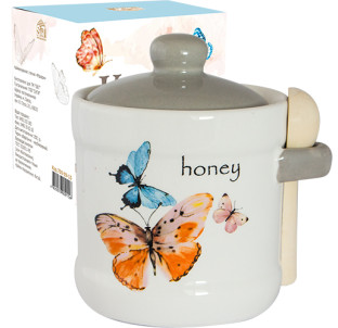 700-04-15 Банка для меду з дерев\'яною ложкою "Махаон" (13*12см, об-м-450мл) (48) - фото