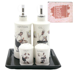 700-06-10 (24) Набір 5 пр.2 пляшки для олії/оцту набір для солі і перцю на керам. підставці "Гурман" - фото