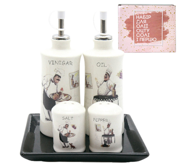 700-06-10 (24) Набір 5 пр.2 пляшки для олії/оцту набір для солі і перцю на керам. підставці "Гурман" - фото