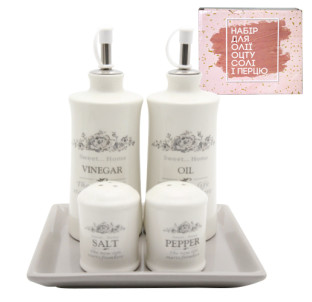 700-06-11  (24) Набір 5пр. 2 пляшки для олії/оцту набір для солі і перцю на керам.підставці"Розарій" - фото