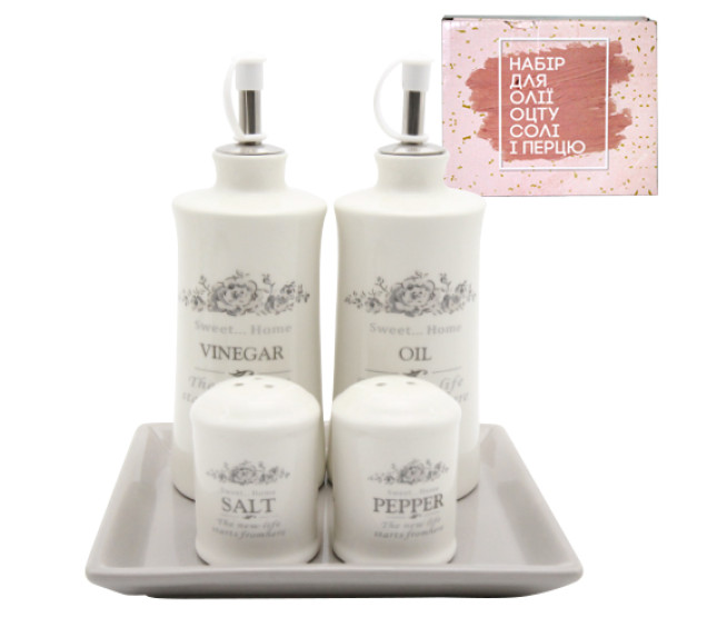 700-06-11  (24) Набір 5пр. 2 пляшки для олії/оцту набір для солі і перцю на керам.підставці"Розарій" - фото