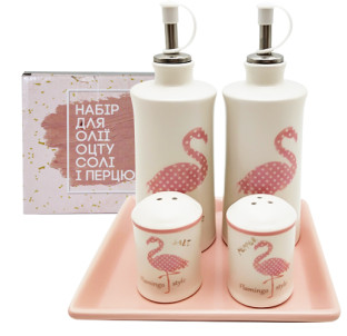 700-06-13 Набір 5пр. 2 пляшки для олії/оцту набір для солі і перцю на керам. підставці "Фламінго" - фото