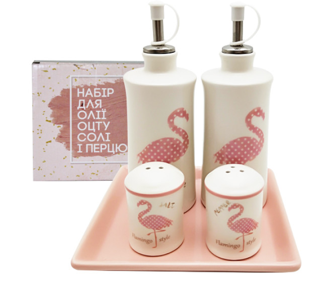 700-06-13 Набір 5пр. 2 пляшки для олії/оцту набір для солі і перцю на керам. підставці "Фламінго" - фото