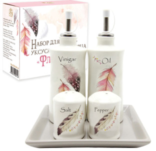 700-06-14 (24) Набір 5пр. 2 пляшки для олії/оцту набір для солі і перцю на керам. підставці "Флай" - фото