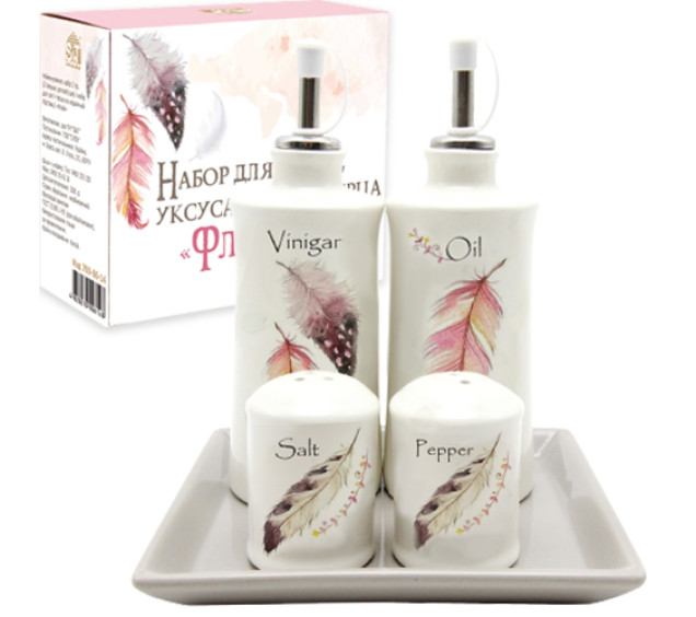 700-06-14 (24) Набір 5пр. 2 пляшки для олії/оцту набір для солі і перцю на керам. підставці "Флай" - фото