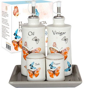 700-06-15 (24) Набір 5пр. 2 пляшки для олії/оцту набір для солі і перцю на керам. підставці "Махаон" - фото