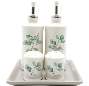 700-06-16 Набір 5пр. 2 пляшки для олії/оцту набір для солі і перцю на керам. підставці "Флора" - фото