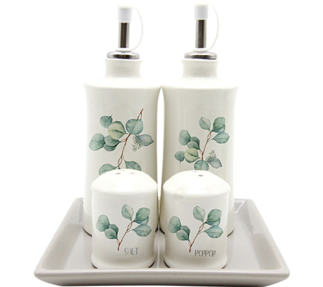 700-06-16 Набір 5пр. 2 пляшки для олії/оцту набір для солі і перцю на керам. підставці "Флора" - фото