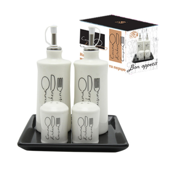 700-06-17 Набір 5 пр. 2 пляшки для олії/оцту набір для солі і перцю на керам.підставці "Bon appetit" - фото