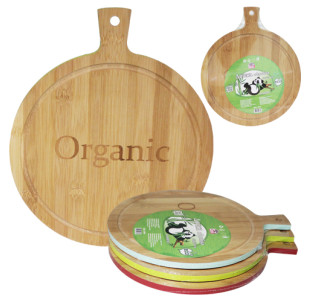 8848 Дошка обробна бамбукова кругла з ручкою кольоровий кант мікс 30*25*1,0см - фото