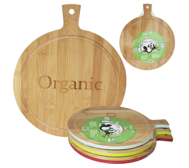 8848 Дошка обробна бамбукова кругла з ручкою кольоровий кант мікс 30*25*1,0см - фото