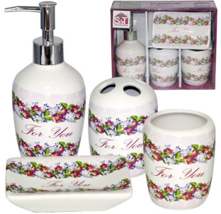 888-06-005 Набір 4пр Квітковий вальс(мильниця,підставка для зубних щіток,стакан,дісп. для мила)34*10 - фото