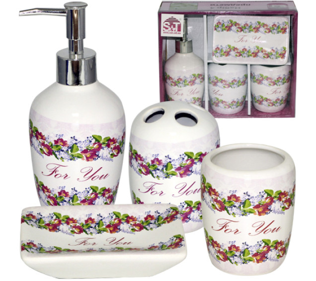 888-06-005 Набір 4пр Квітковий вальс(мильниця,підставка для зубних щіток,стакан,дісп. для мила)34*10 - фото