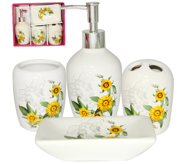 888-06-018 Набір 4пр Лугові квіти (мильниця, підставка для зубних щіток,стакан, діспенсер для мила) - фото