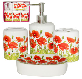 888-06-020 Набір 4пр Маки (мильниця, підставка для зубних щіток,стакан, діспенсер для мила) - фото