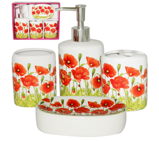 888-06-020 Набір 4пр Маки (мильниця, підставка для зубних щіток,стакан, діспенсер для мила) - фото