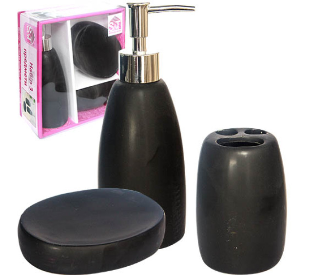 889-06-004 Набір 3пр Чорний (мильниця, підставка для зубних щіток, діспенсер для мила) - фото