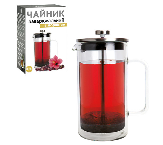 9155 Заварювальний чайник з поршнем 800мл (боросилікатне зміцнене скло з подвійною стінкою) - фото