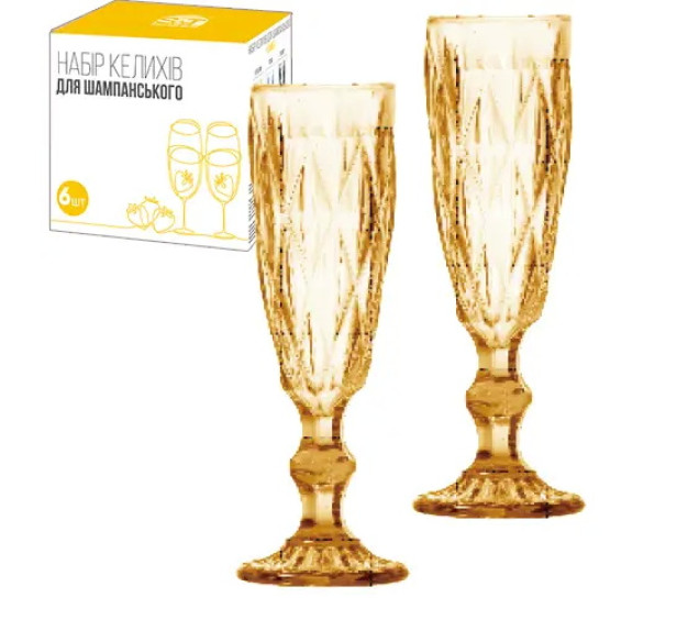 9443 Набір келихів для шампанського 6шт Shine бурштин 250мл - фото